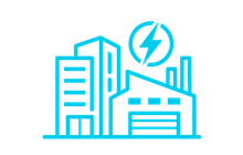 Commercial and industrial electrical expertise icon showing business and factory buildings with an energy symbol