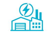 Commercial and industrial lighting expertise icon showing business and industrial buildings with an energy symbol