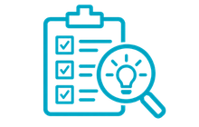 Commercial lighting survey icon showing a checklist, magnifying glass and light bulb