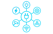 Complete electrical services icon showing power, lighting, mechanical and electrical systems connected around a central plug