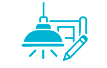 LED lighting design and installation icon showing a pendant light, plan and pencil