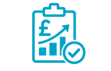 Lighting ROI assessment icon showing a pound symbol, growth chart and approval tick