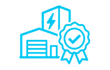 Electrical contractor accreditation icon showing a commercial building and verified certification badge