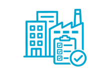 Commercial and industrial electrical experience icon showing business and factory premises with compliance checklist