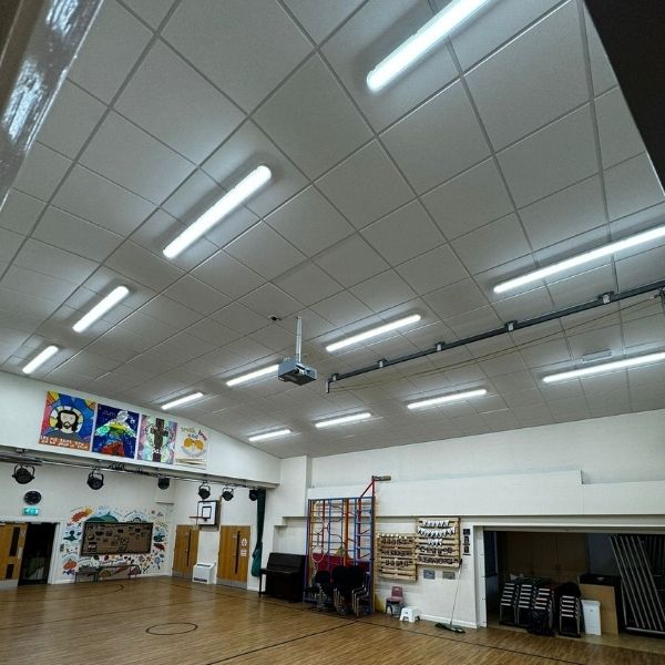 School hall fitted with commercial LED lighting as part of an electrical installation project