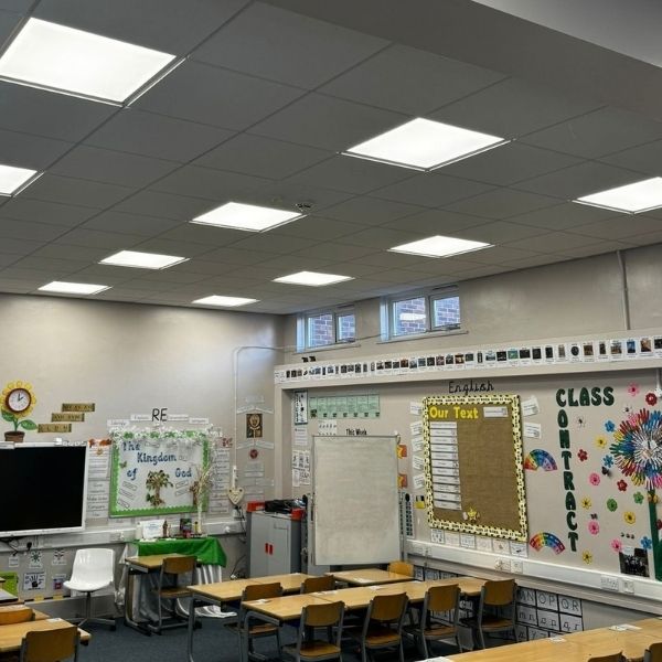 Classroom with upgraded commercial LED panel lighting installation